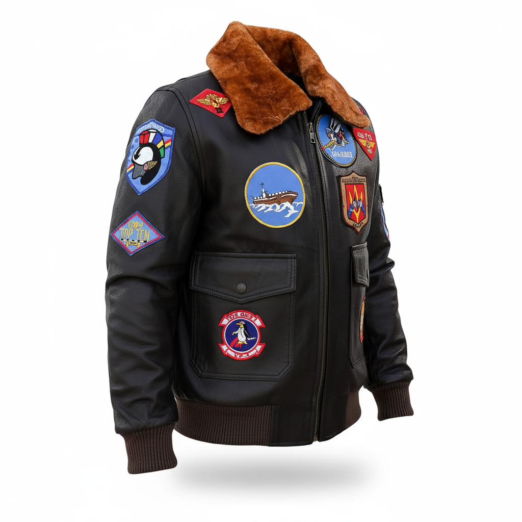 Men’s Brown Biker Bomber Jacket with Signature Patches