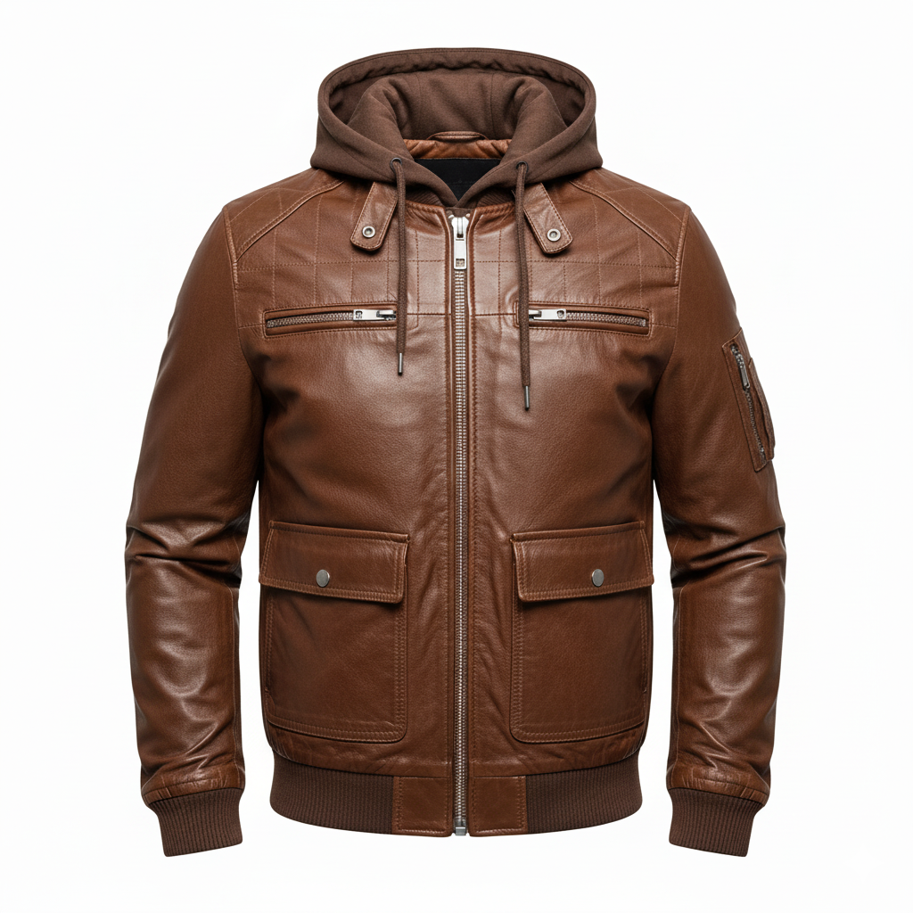 Men’s Hooded Brown Leather Jacket