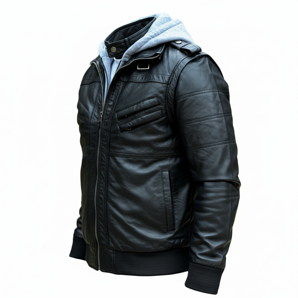 Men’s Hooded Black Leather Jacket