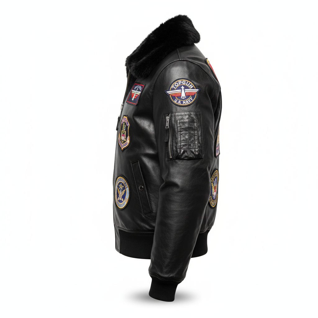 Men’s Black Biker Bomber Jacket with Signature Patches