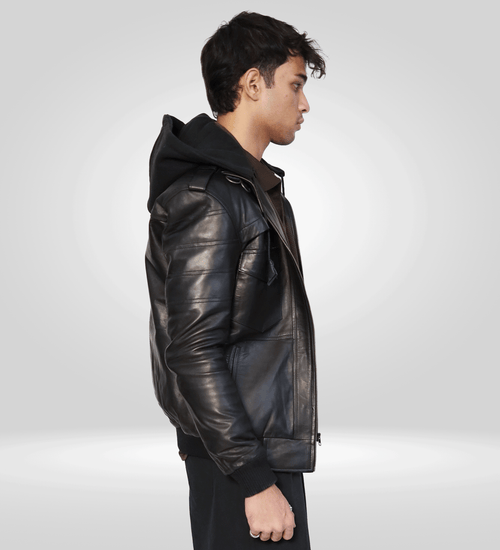 Black Hooded Hybrid Bomber Jacket.