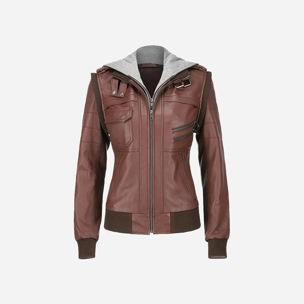 Women’s Brown Bomber Jacket featuring Grey Hood
