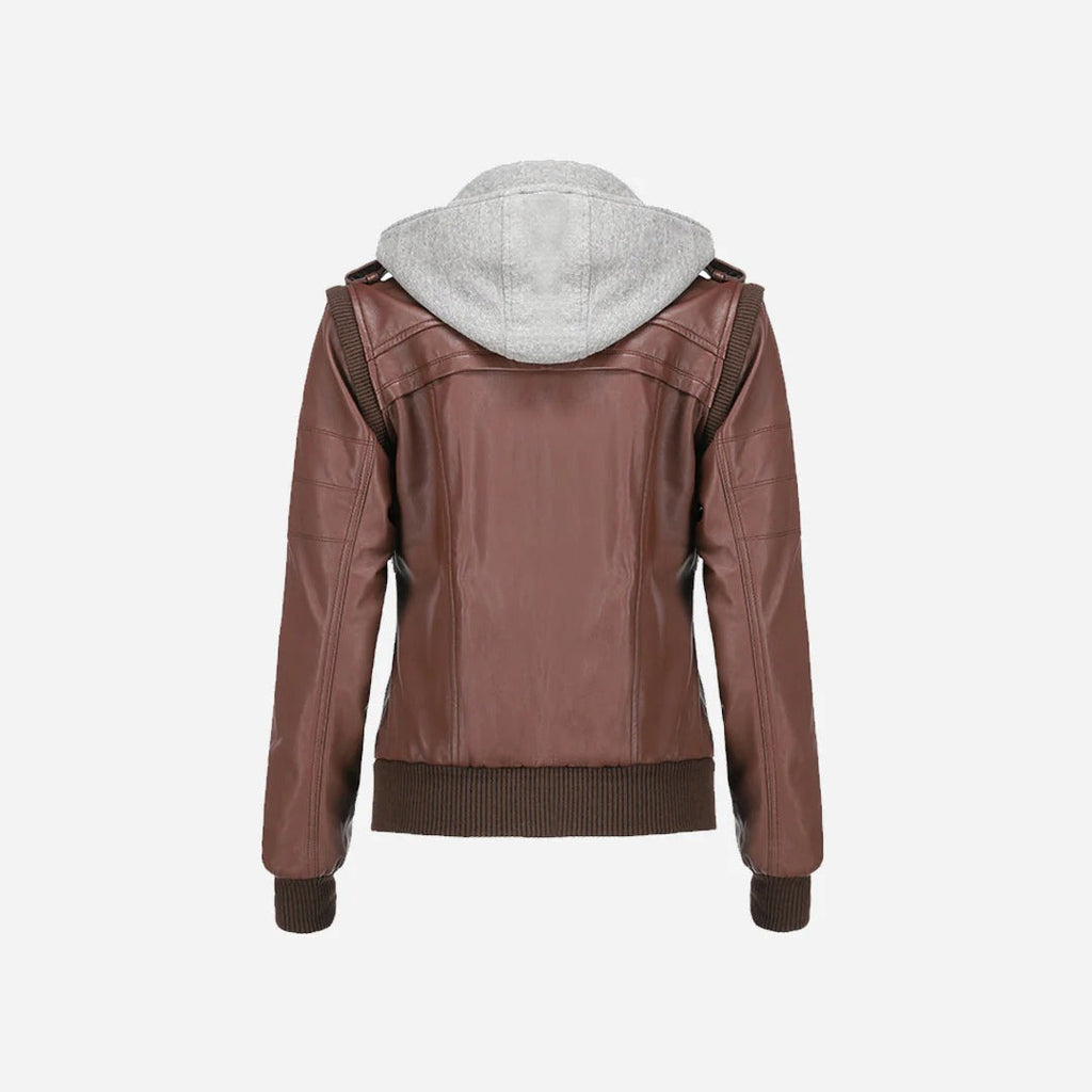 Women’s Brown Bomber Jacket featuring Grey Hood
