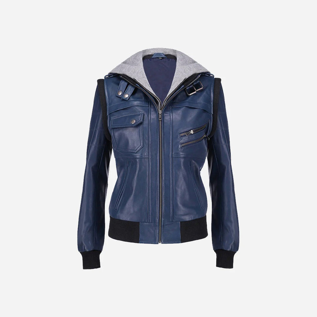 Women’s Blue Bomber Jacket featuring Grey Hood