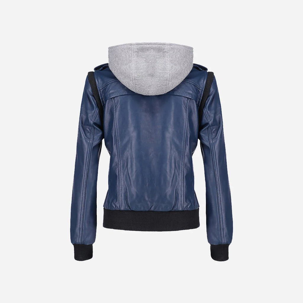 Women’s Blue Bomber Jacket featuring Grey Hood