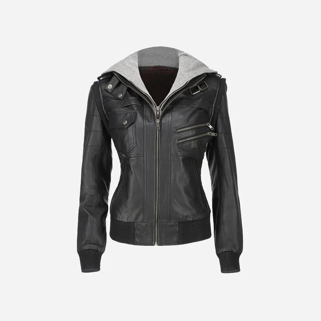 Women’s Black Bomber Jacket featuring Grey Hood