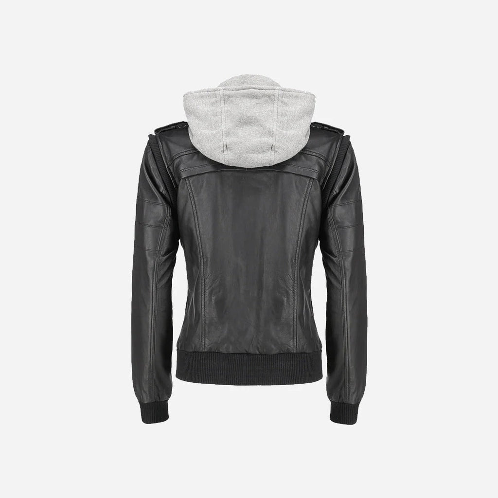 Women’s Black Bomber Jacket featuring Grey Hood